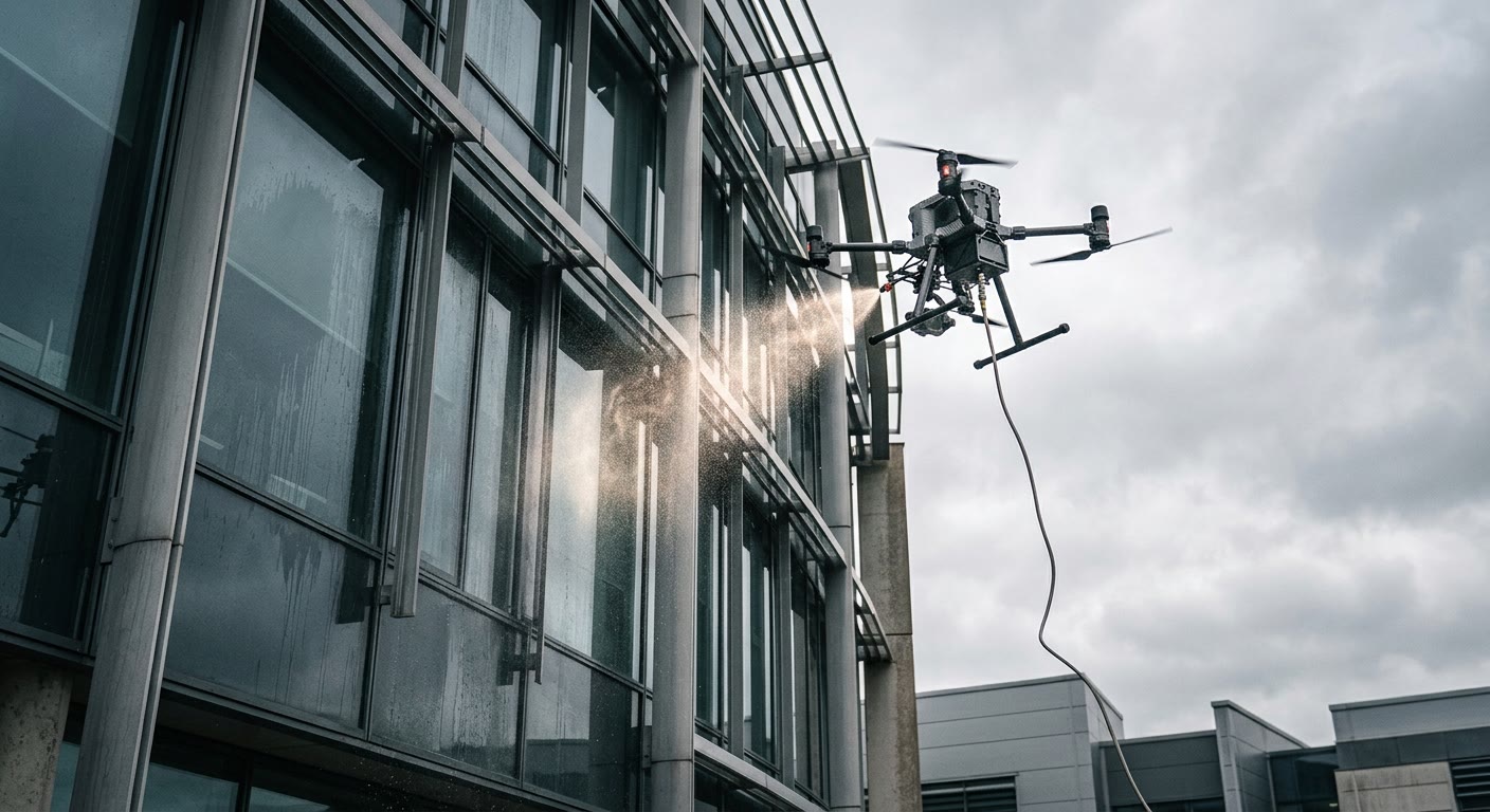 A cleaning drone sprays water across the glass facade of an office building, its hose trailing below it, under an overcast sky.