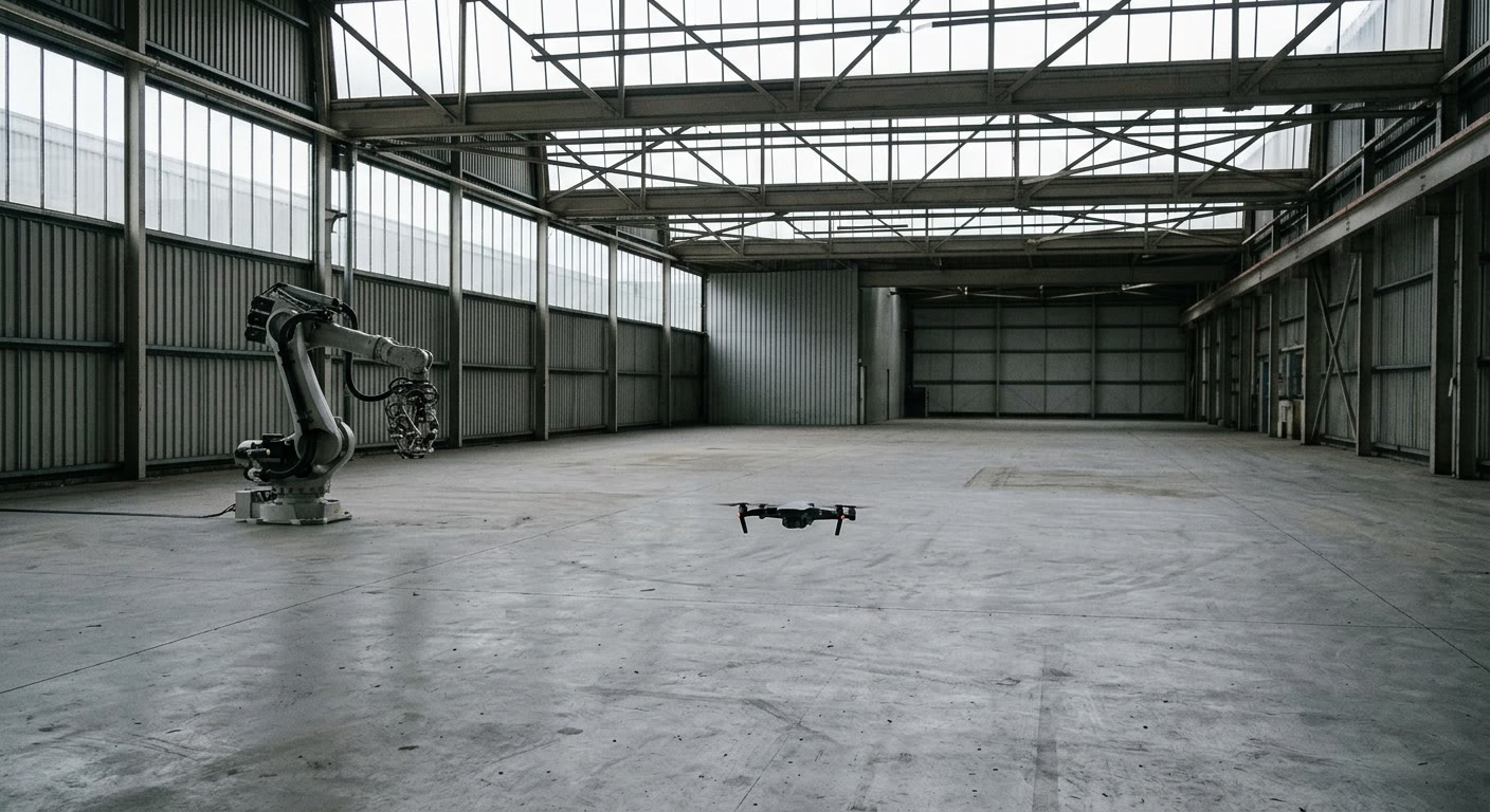 A small quadcopter drone hovering low over the concrete floor of a large empty industrial test hall, with an idle robotic arm to one side and daylight through the roof.