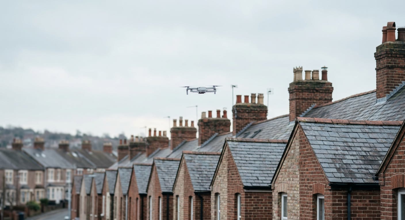 A small white quadcopter drone hovering above the slate roofs and chimney pots of a terraced street under an overcast sky