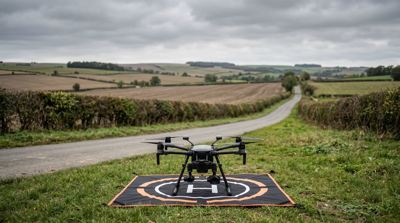 A professional multirotor drone on a landing pad beside an empty country lane in the East Yorkshire Wolds, farmland behind under an overcast sky.