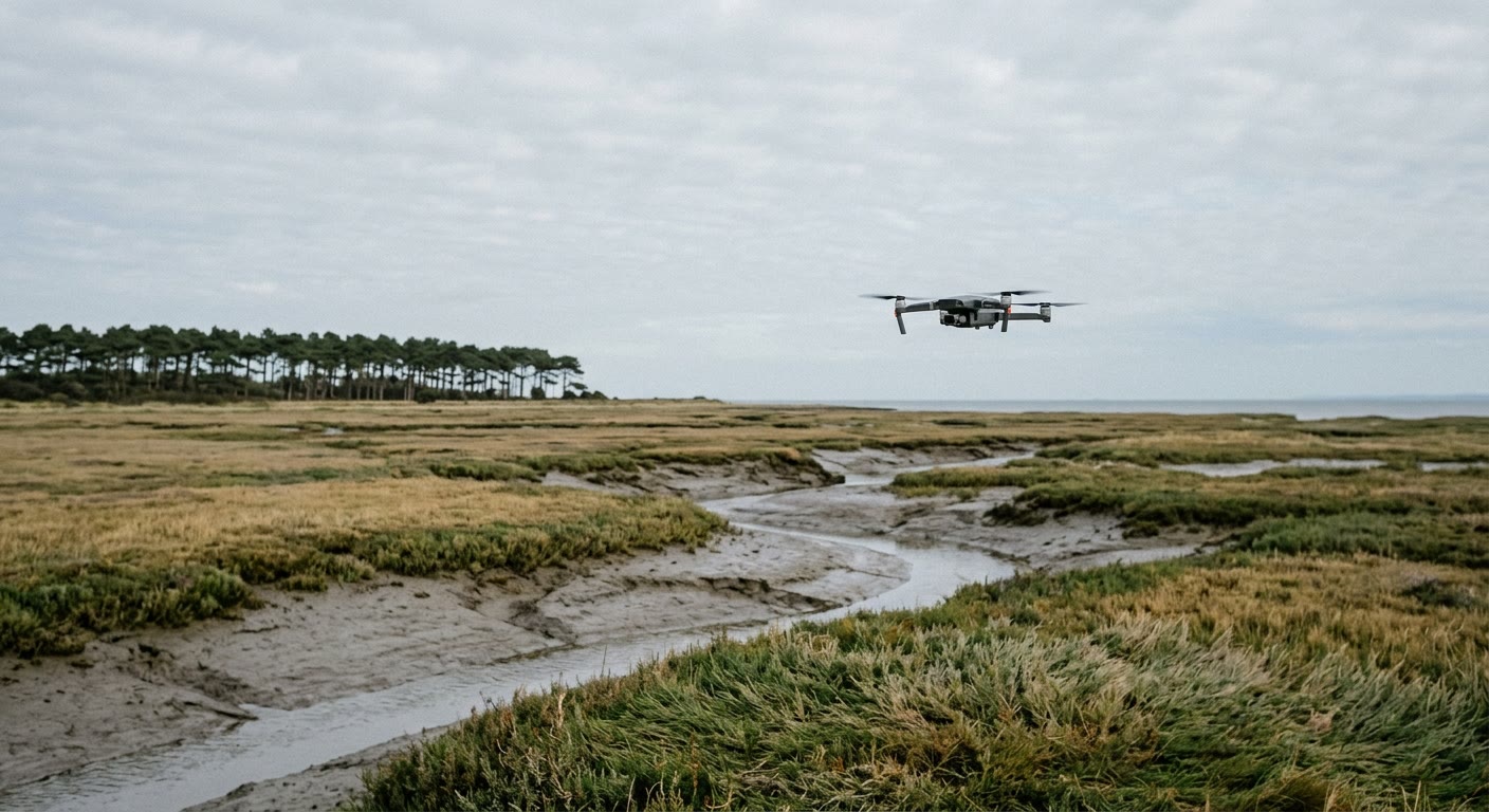 A small quadcopter drone flying low over a tidal saltmarsh with winding creeks, a line of pine trees and the sea on the horizon under an overcast sky.