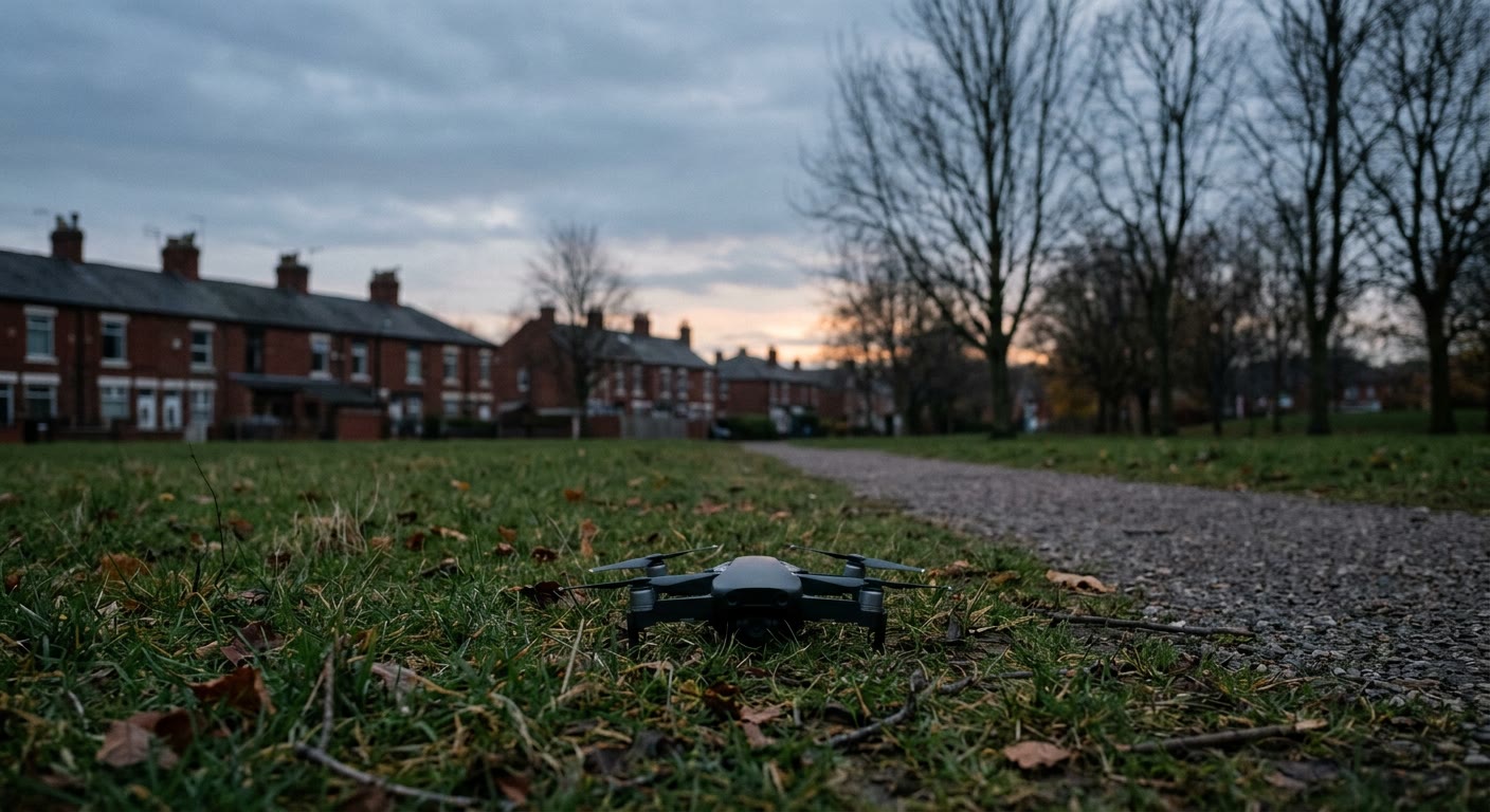 A small quadcopter drone resting on the grass of an empty park at dusk, with a row of terraced houses and bare trees behind it.