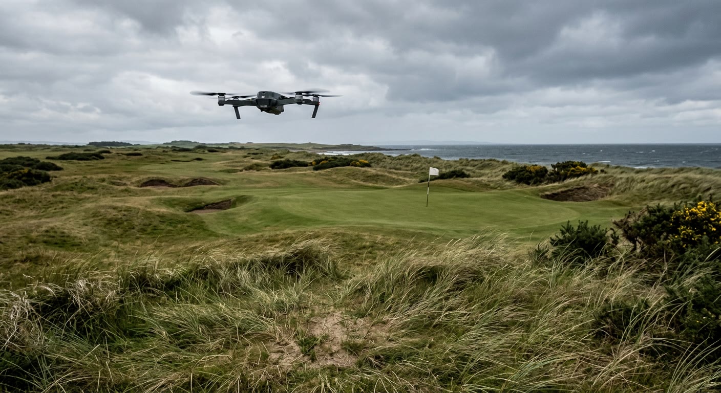 A small camera drone hovering over an empty links golf course on a grey, windy day, with a flag on the green and the sea on the horizon.