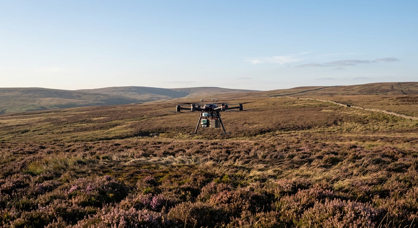 A large multirotor drone carrying a payload hovers low over heather moorland, with rolling hills and a dry stone wall under a clear evening sky.