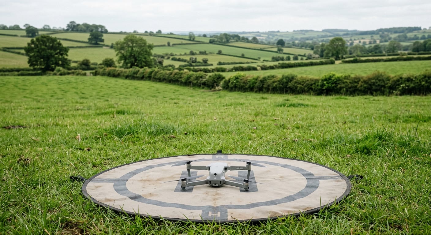 A small grey drone sitting powered off on a landing mat in a grassy field, with hedgerows and rolling green farmland under an overcast sky behind it.