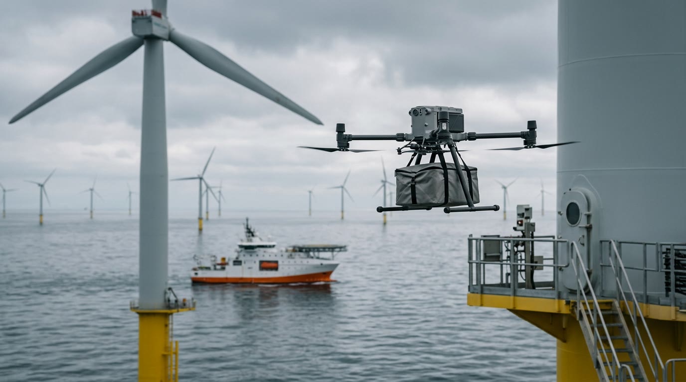 Illustration for: Cargo drones fly maintenance kits to turbines at Hornsea 2 in Ørsted and Skyports trial