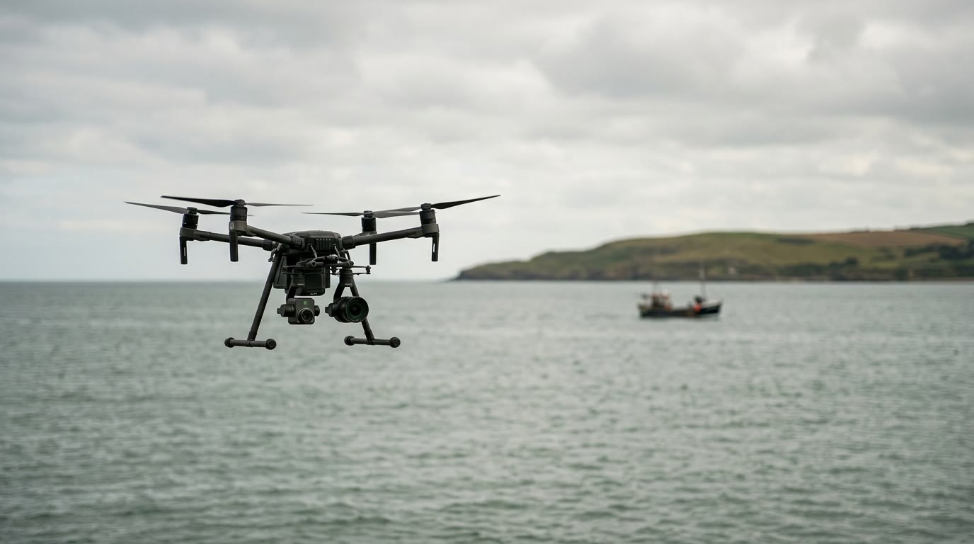 Illustration: a drone hovering over coastal water with a fishing boat in the distance