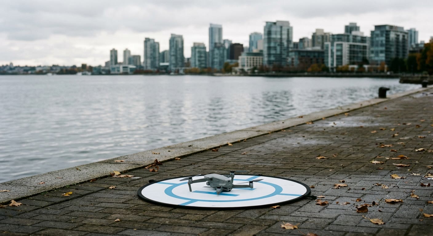 Illustration: a small grey quadcopter drone on a landing pad on a wet waterfront promenade, with a city skyline across the water under an overcast sky.