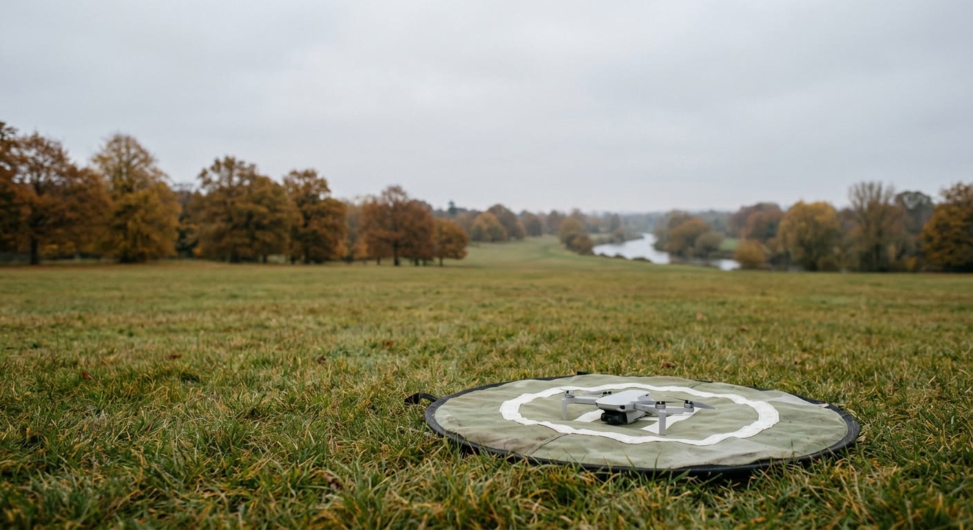 A small grey quadcopter drone on a landing pad in open autumn parkland, with trees and a river in the distance under an overcast sky.