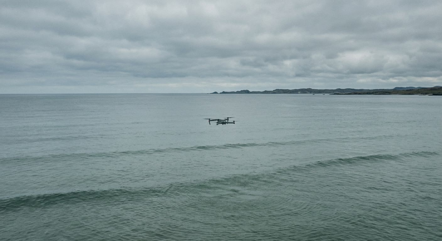 Illustration: a small drone flying low over open grey-green sea under an overcast sky, with a low coastline on the horizon.