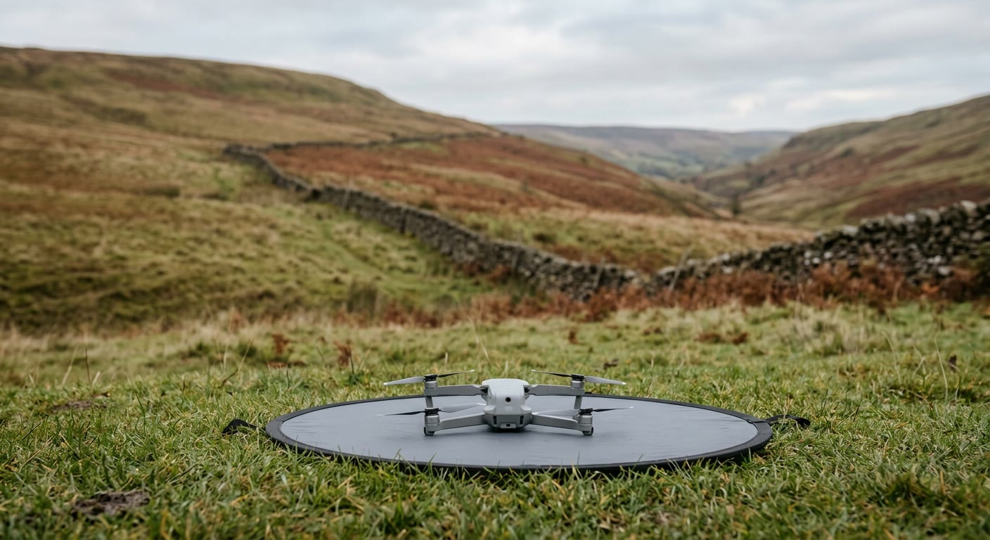 Illustration: a small grey drone resting on a landing mat on grass, with bracken-covered hillsides and a dry-stone wall behind under an overcast sky.