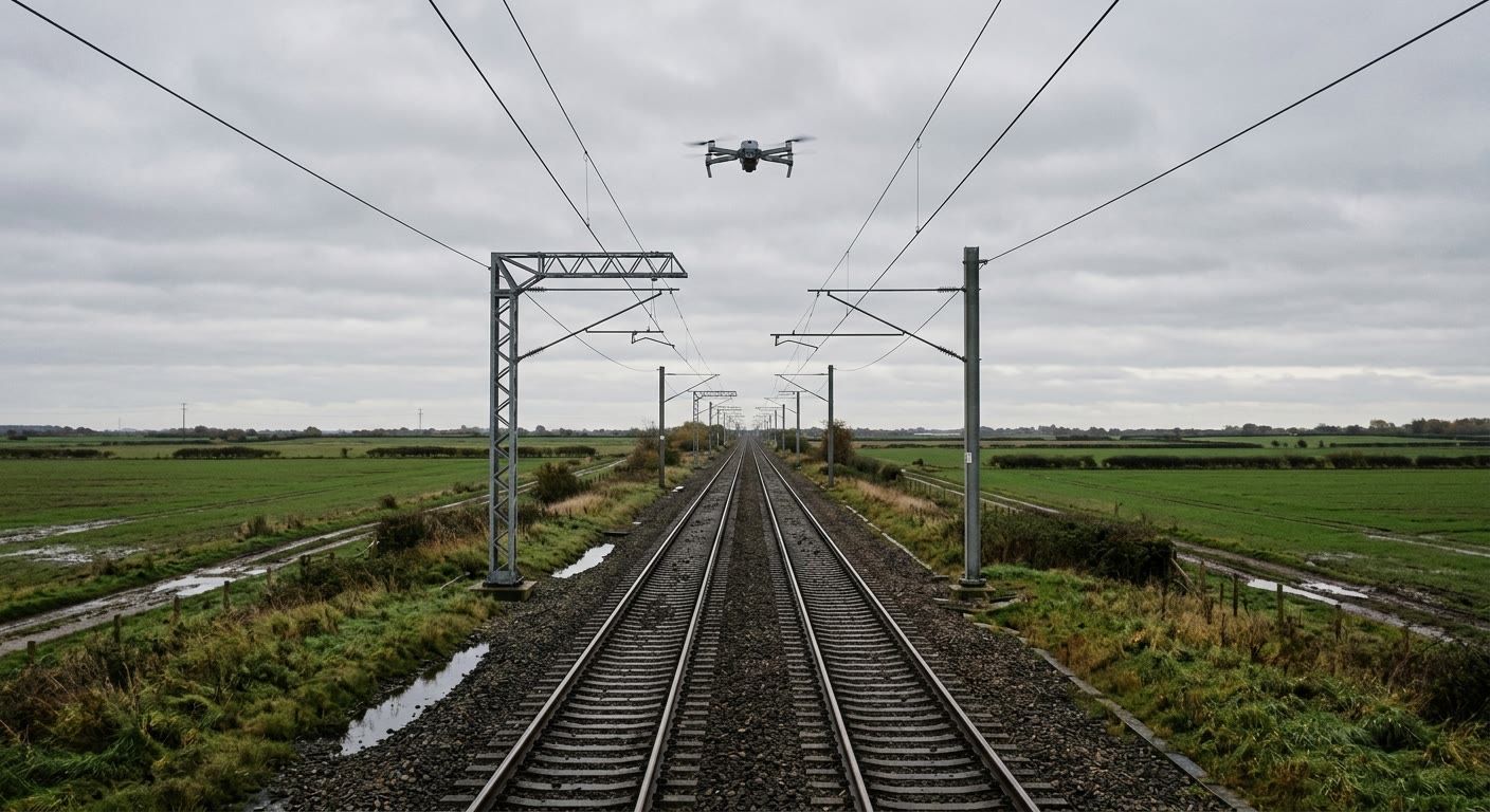 Illustration: a small grey drone flying above an empty twin-track electrified railway line through flat green farmland, with puddles beside the track under an overcast sky.
