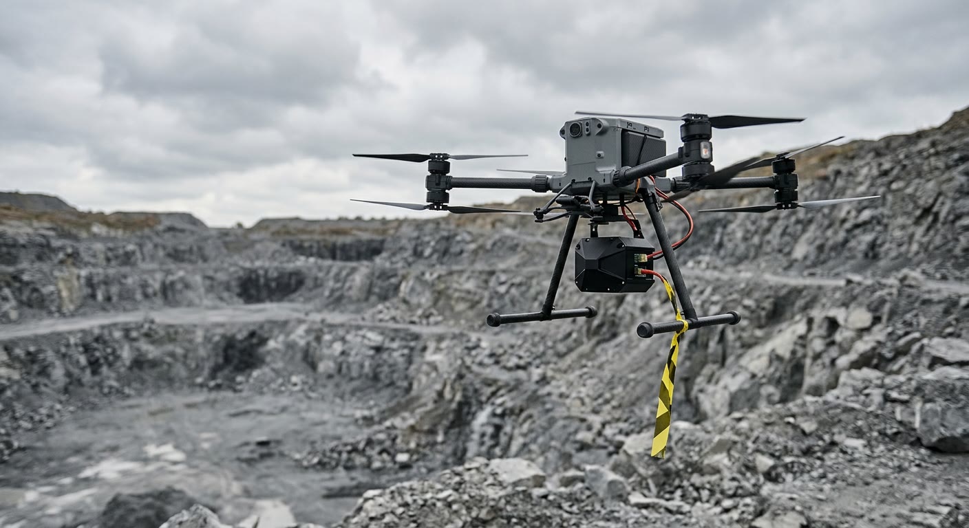 A multirotor survey drone with a small module mounted beneath its frame, hovering over a grey stone quarry under an overcast sky