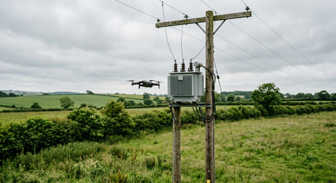 Illustration: a small drone hovers beside a pole-mounted electricity transformer on a wooden pole, with hedgerows and green fields under an overcast sky.