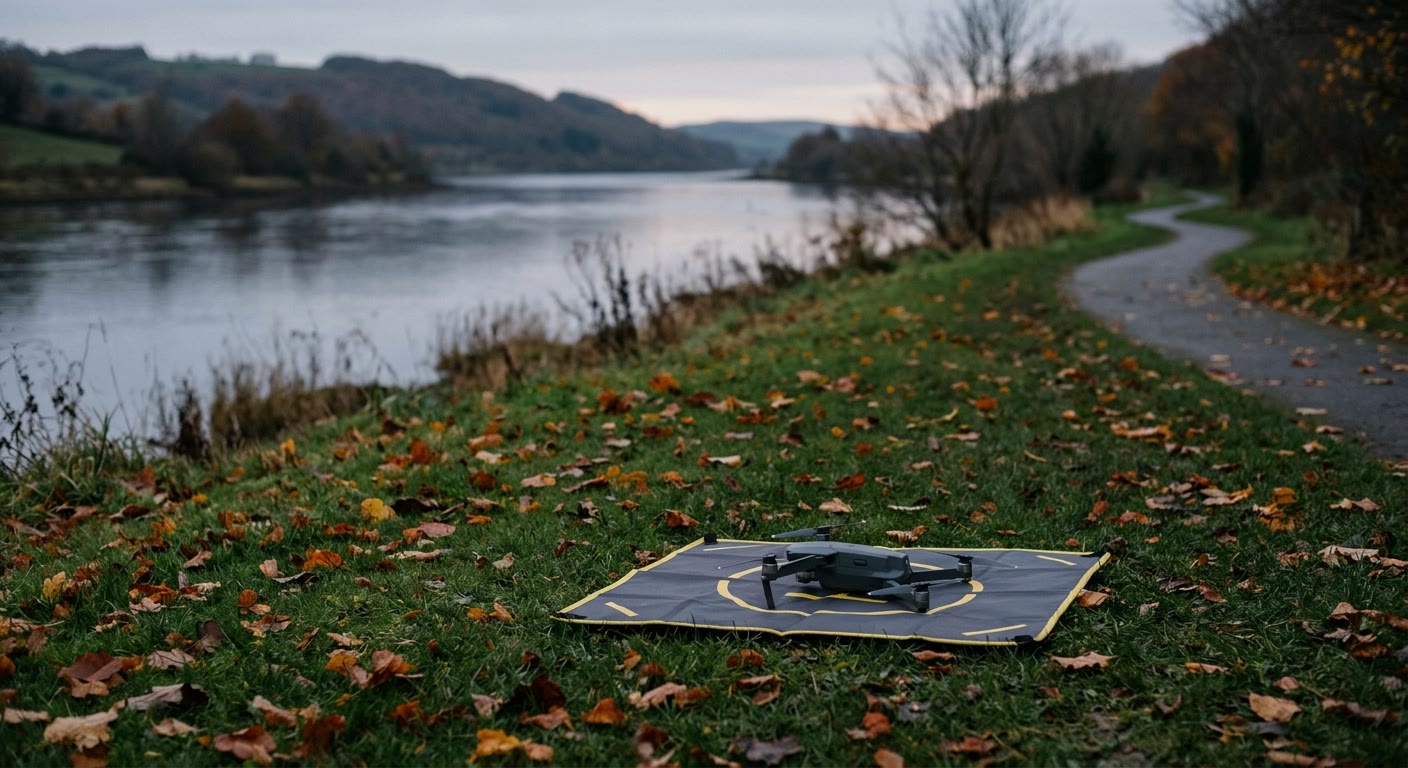 Illustration: a small quadcopter drone on a landing mat on leaf-strewn grass beside a riverside path, with a wide river and low hills under an overcast evening sky.