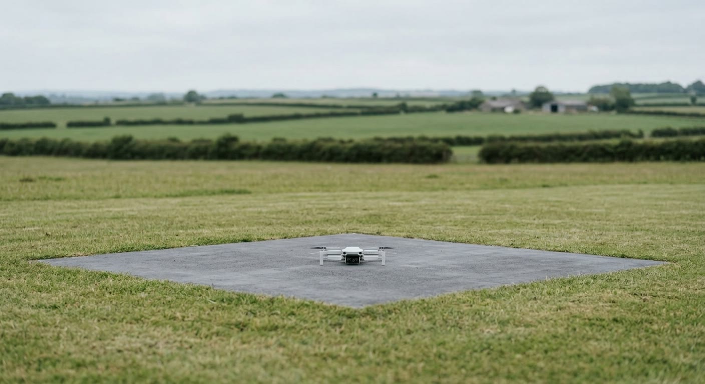 Illustration: a small white quadcopter drone resting on a grey test pad in a grassy field, with hedgerows and farmland behind under an overcast sky.